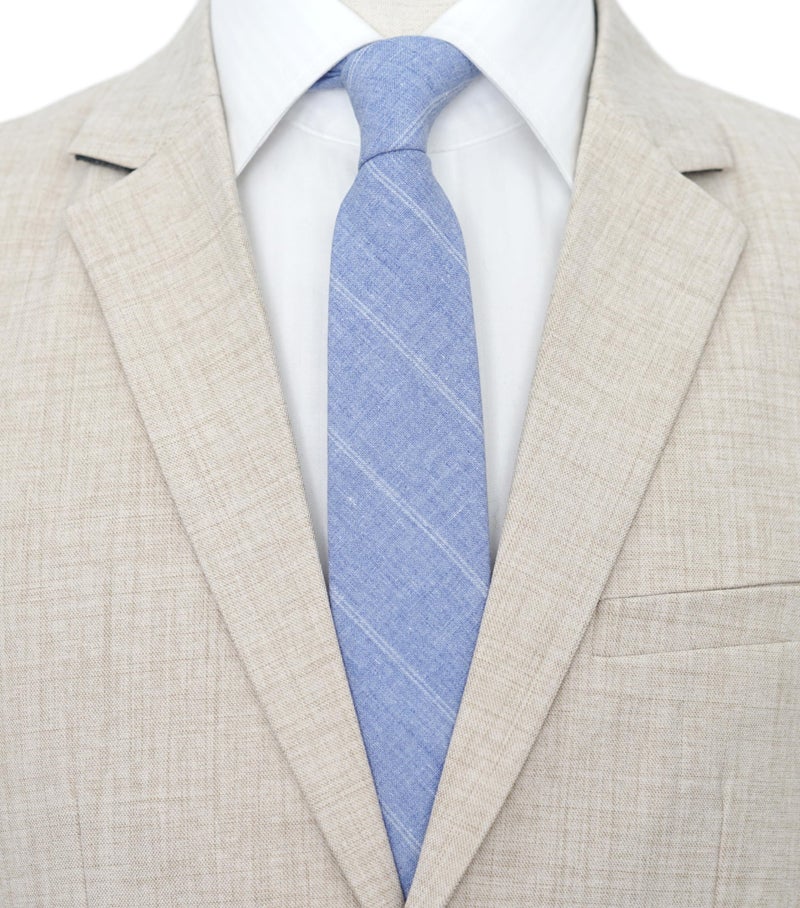 BELLUNO 2.5 inch Skinny Tie for Men, Cotton Linen Slim Neckties Light Blue Striped - Image 2